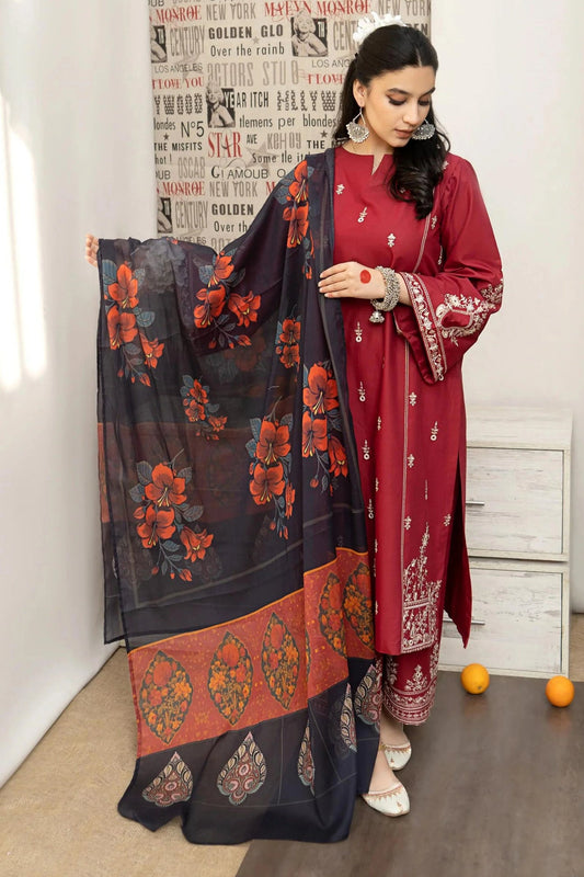 URGE - 3PC DHANAK UNSTITCH EMBROIDERED SUIT HR-137 RED