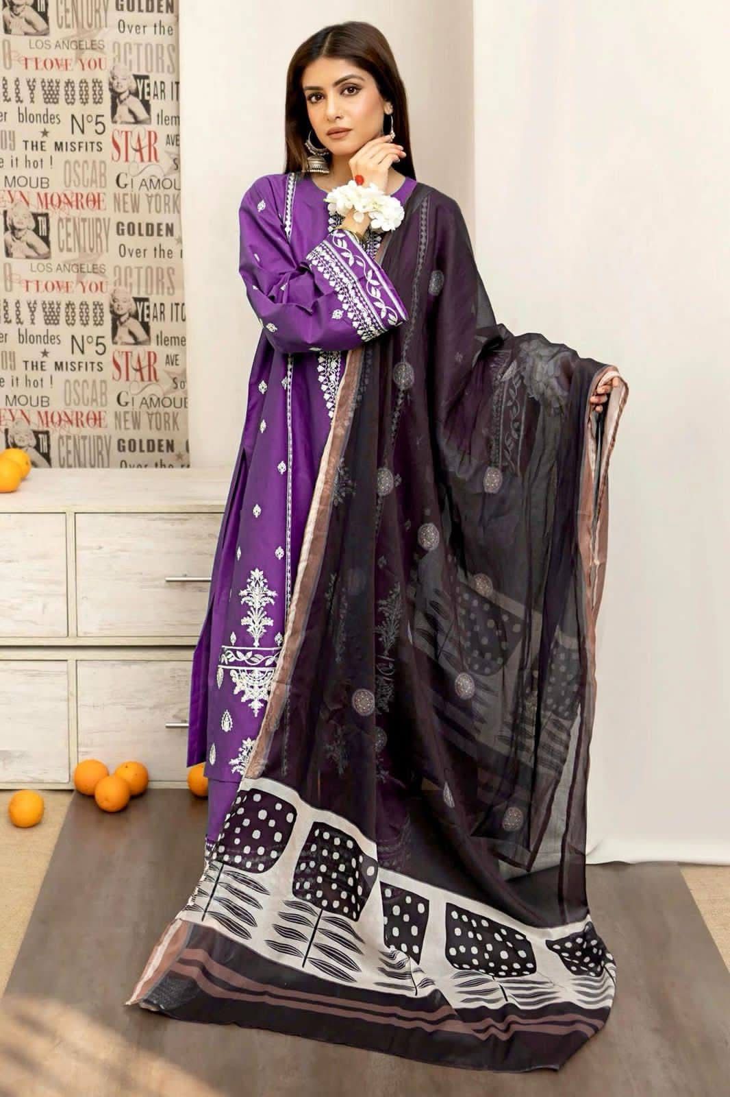 URGE - 3PC DHANAK UNSTITCH EMBROIDERED SUIT HR-120 PURPLE