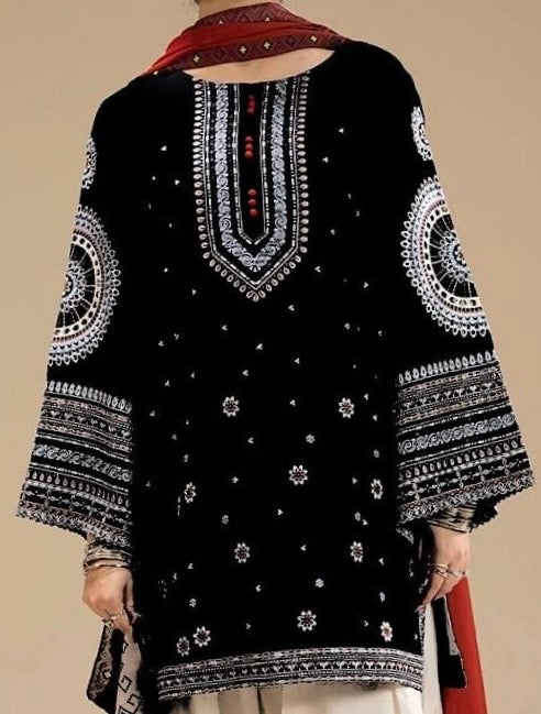 JAZMIN - 3PC DHANAK UNSTITCH EMBROIDERED SUIT HR-203 BLACK