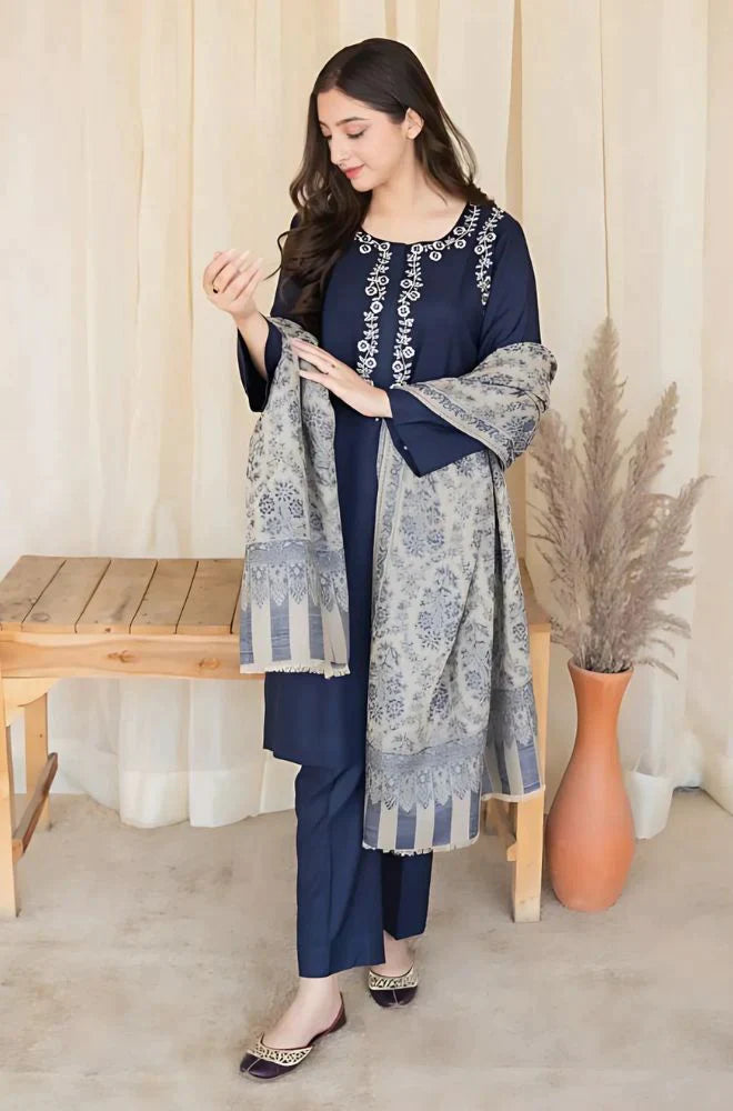 ASLING - 3PC DHANAK UNSTITCH EMBROIDERED SUIT HR-139 BLUE