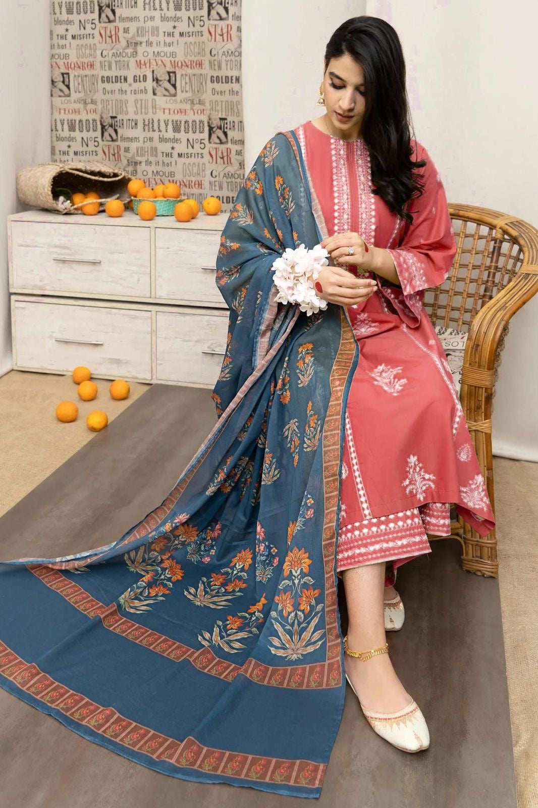 URGE - 3PC DHANAK UNSTITCH EMBROIDERED SUIT HR-120 PEACH