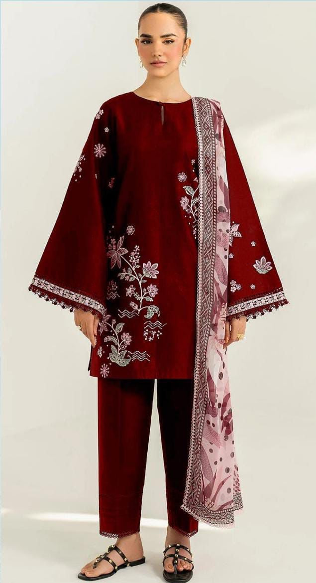 IZNIK- 3PC DHANAK UNSTITCH EMBROIDERED SUIT HR-1019