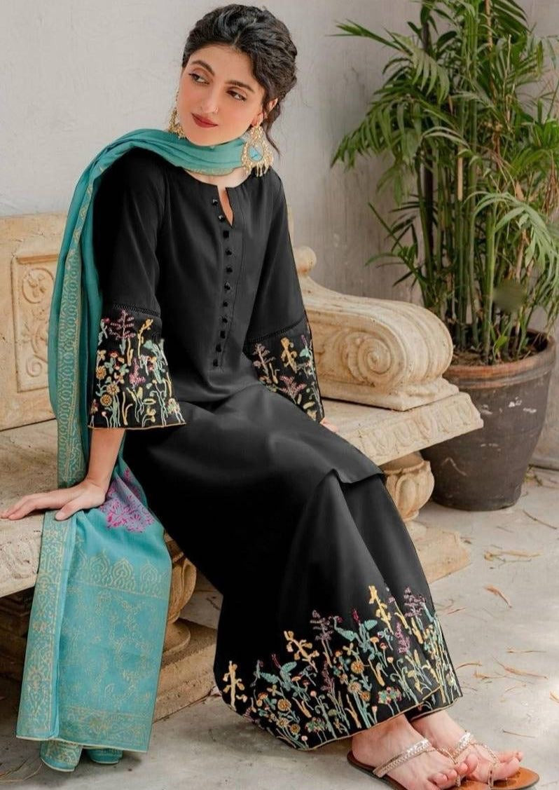 ASLING - 3PC DHANAK UNSTITCH EMBROIDERED SUIT HR-141 BLACK