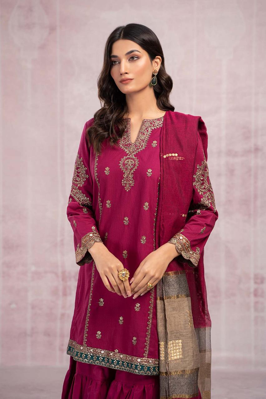 MARIA B - 3PC DHANAK UNSTITCH EMBROIDERED SUIT HR-107 PINK
