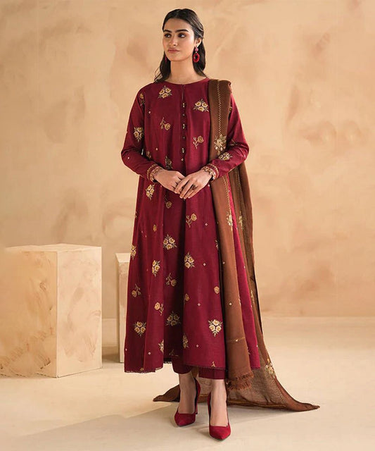 BAROQUE- 3PC DHANAK UNSTITCH EMBROIDERED SUIT HR-186
