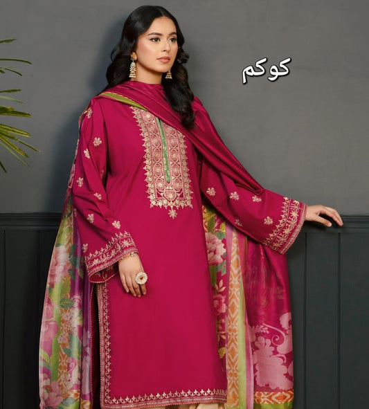 KOKUM - 3PC DHANAK UNSTITCH EMBROIDERED SUIT HR-181