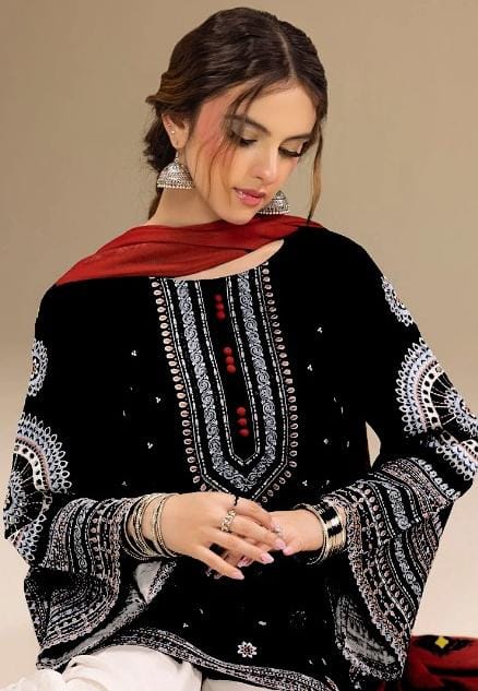 JAZMIN - 3PC DHANAK UNSTITCH EMBROIDERED SUIT HR-203 BLACK