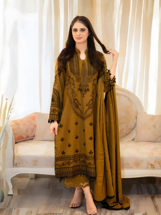 LIBAAS - 3PC DHANAK UNSTITCH EMBROIDERED SUIT HR-226 For Winter