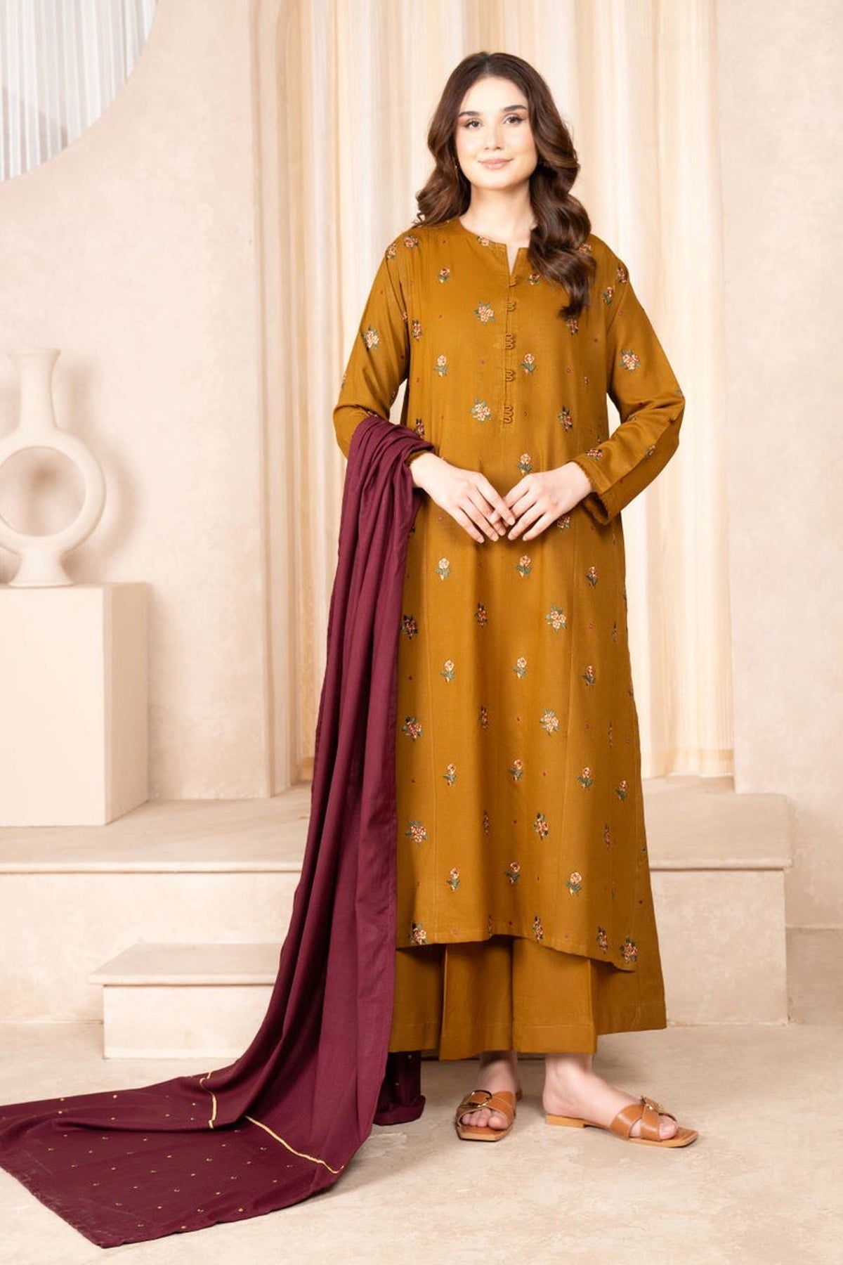 ASLING - 3PC DHANAK UNSTITCH EMBROIDERED SUIT HR-190