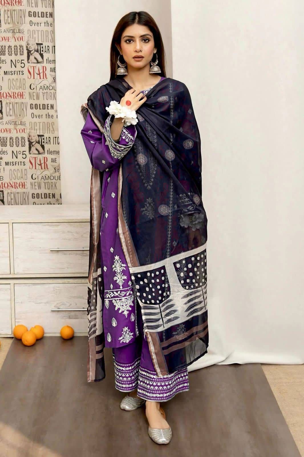 URGE - 3PC DHANAK UNSTITCH EMBROIDERED SUIT HR-120 PURPLE