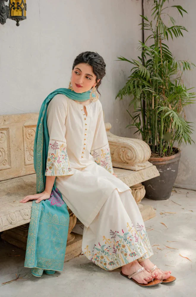 ASLING - 3PC DHANAK UNSTITCH EMBROIDERED SUIT HR-141 CREAM