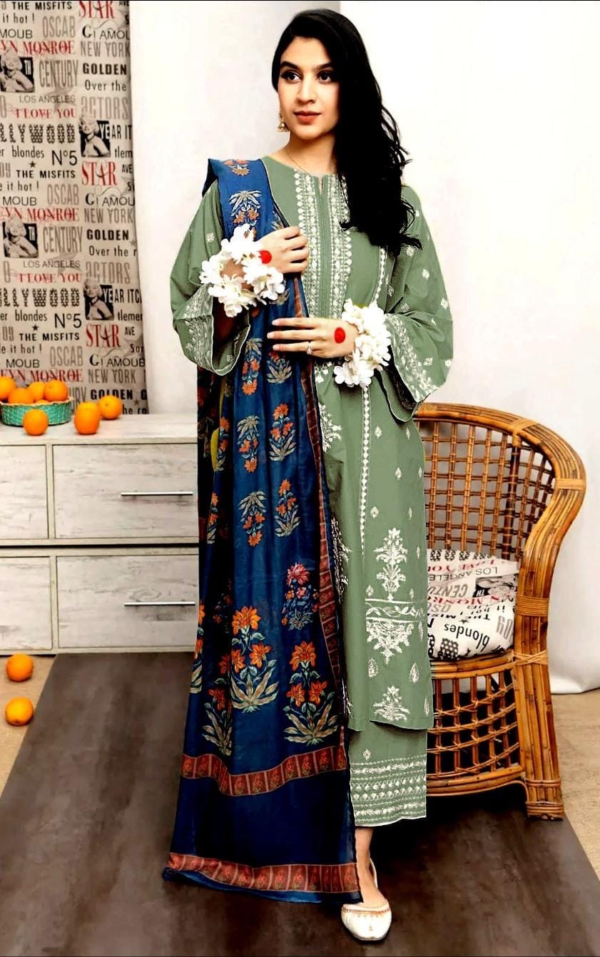 URGE - 3PC DHANAK UNSTITCH EMBROIDERED SUIT HR-137 GREEN