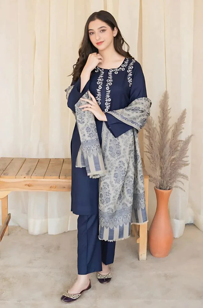 ASLING - 3PC DHANAK UNSTITCH EMBROIDERED SUIT HR-139 BLUE