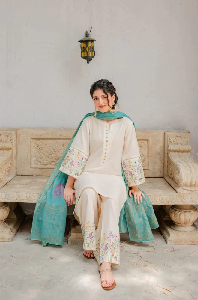 ASLING - 3PC DHANAK UNSTITCH EMBROIDERED SUIT HR-141 CREAM