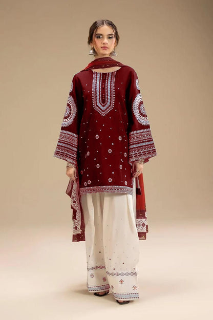 JAZMIN - 3PC DHANAK UNSTITCH EMBROIDERED SUIT HR-203 MEHROON