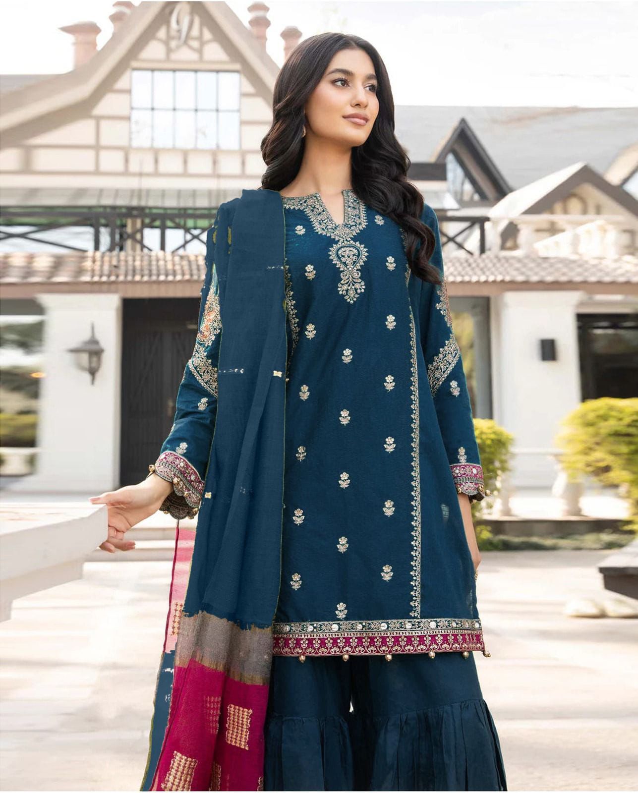 MARIA B - 3PC DHANAK UNSTITCH EMBROIDERED SUIT HR-107 ZINC