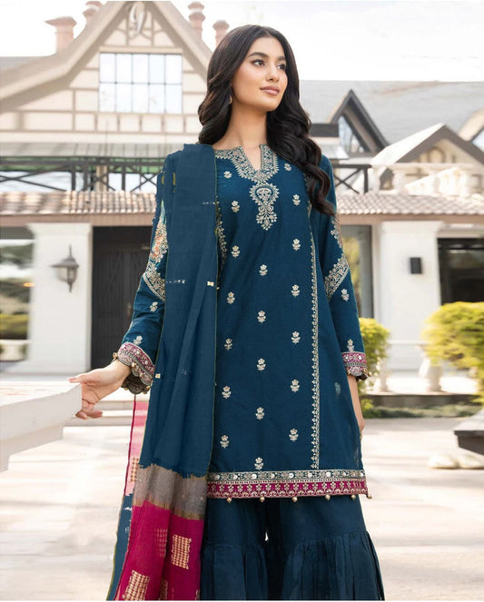 MARIA B - 3PC DHANAK UNSTITCH EMBROIDERED SUIT HR-107 ZINC