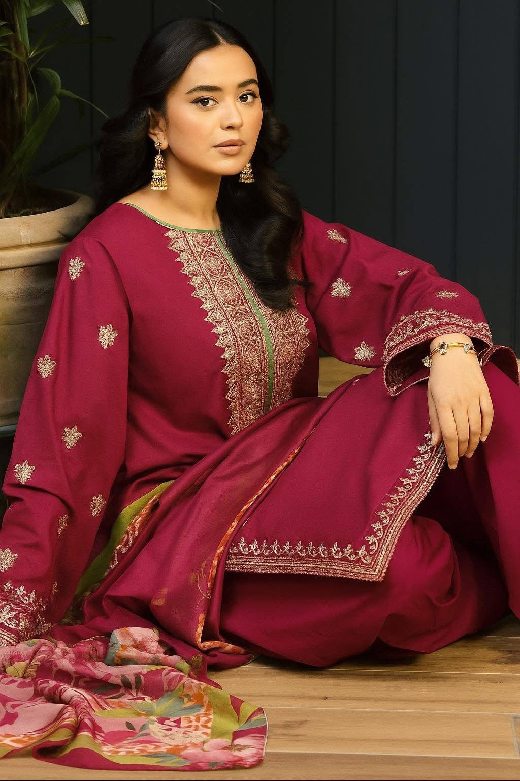 KOKUM - 3PC DHANAK UNSTITCH EMBROIDERED SUIT HR-181