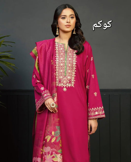 KOKUM - 3PC DHANAK UNSTITCH EMBROIDERED SUIT HR-181