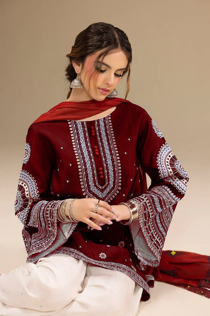 JAZMIN - 3PC DHANAK UNSTITCH EMBROIDERED SUIT HR-203 MEHROON