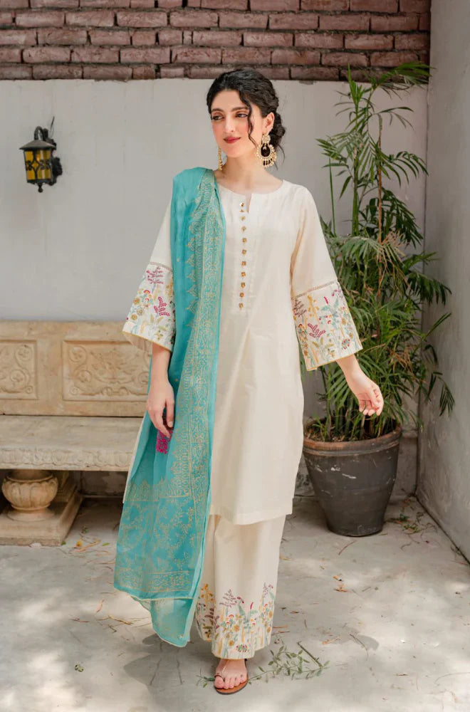 ASLING - 3PC DHANAK UNSTITCH EMBROIDERED SUIT HR-141 CREAM