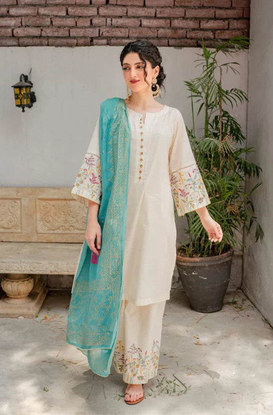 ASLING - 3PC DHANAK UNSTITCH EMBROIDERED SUIT HR-141 CREAM