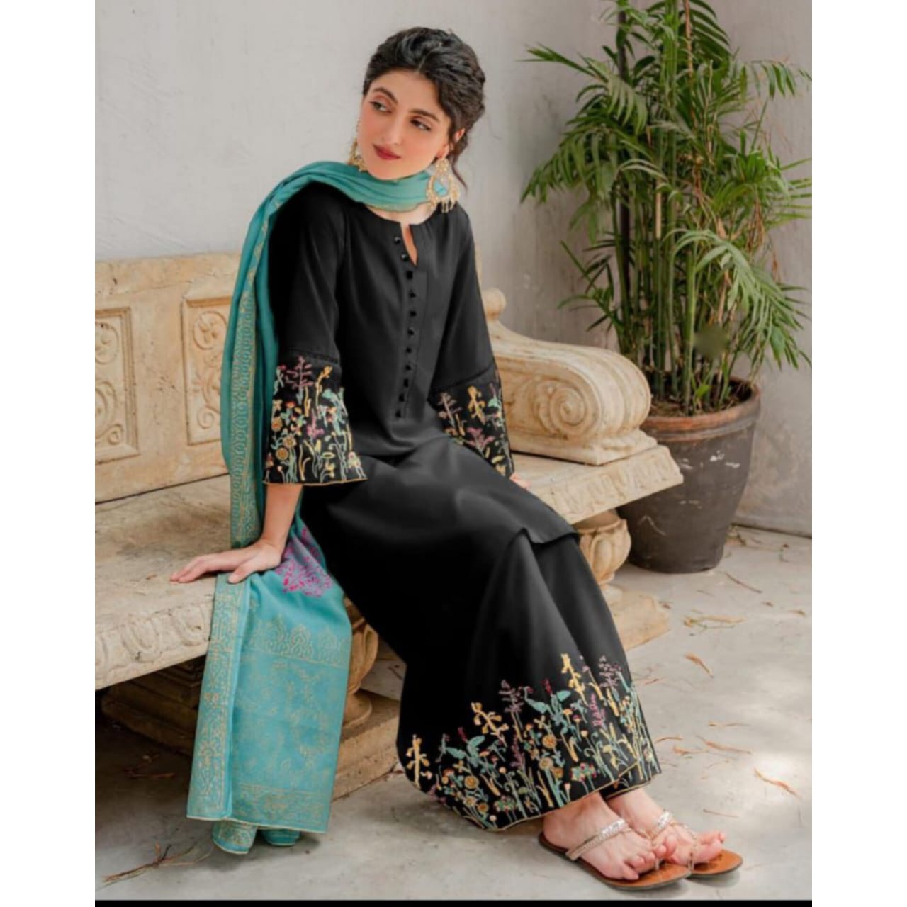 ASLING - 3PC DHANAK UNSTITCH EMBROIDERED SUIT HR-141 BLACK