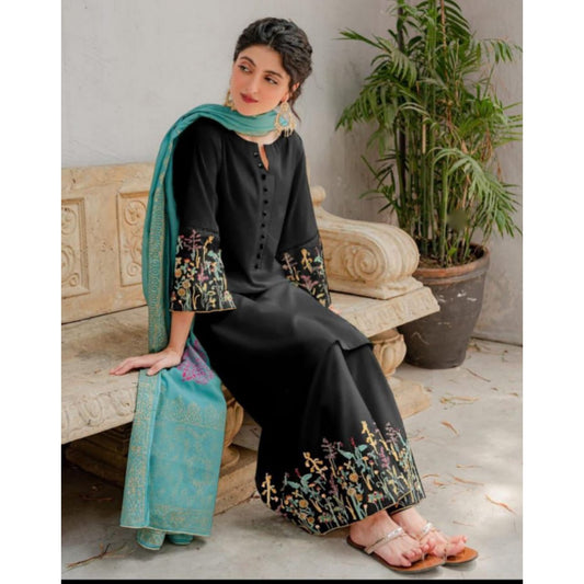 ASLING - 3PC DHANAK UNSTITCH EMBROIDERED SUIT HR-141 BLACK