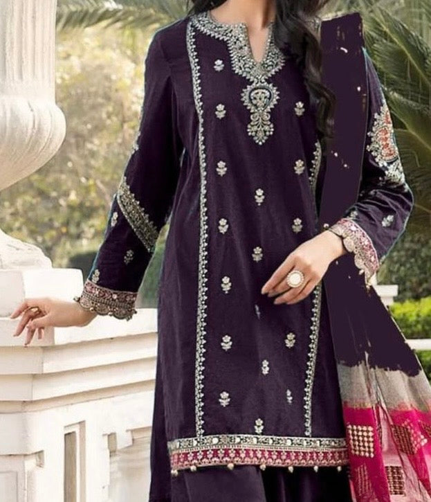 MARIA B - 3PC DHANAK UNSTITCH EMBROIDERED SUIT HR-107 PURPLE