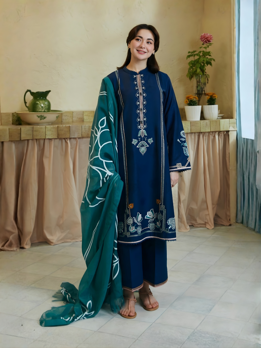 COCO BY ZARA SHAHJAHAN - 3PC DHANAK UNSTITCH EMBROIDERED SUIT HR-189