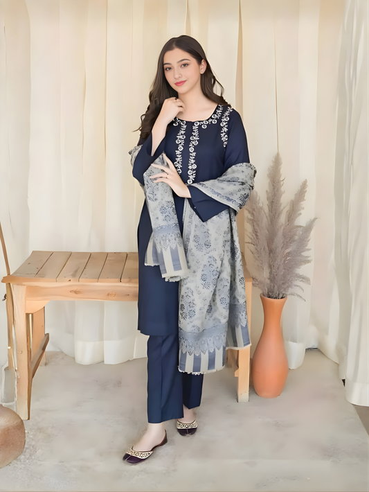 ASLING - 3PC DHANAK UNSTITCH EMBROIDERED SUIT HR-139 BLUE