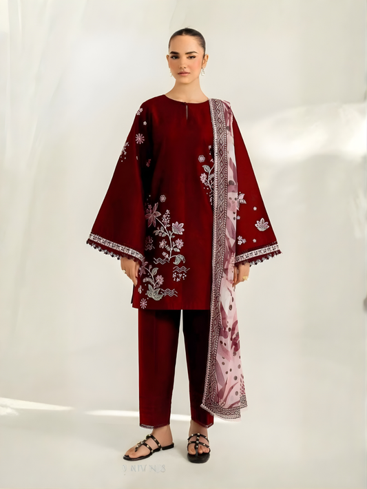 IZNIK- 3PC DHANAK UNSTITCH EMBROIDERED SUIT HR-1019