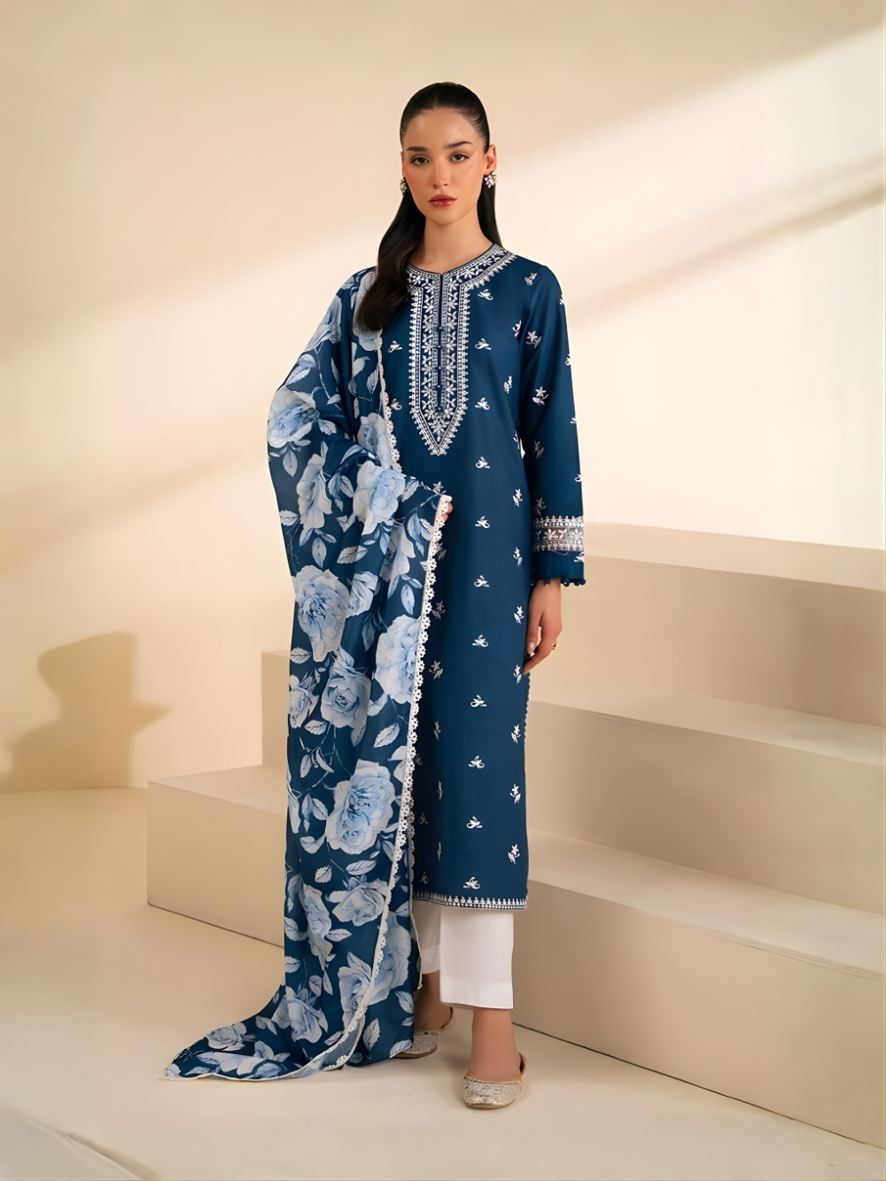 CROSS STITCH - 3PC DHANAK UNSTITCH EMBROIDERED SUIT HR-108 BLUE
