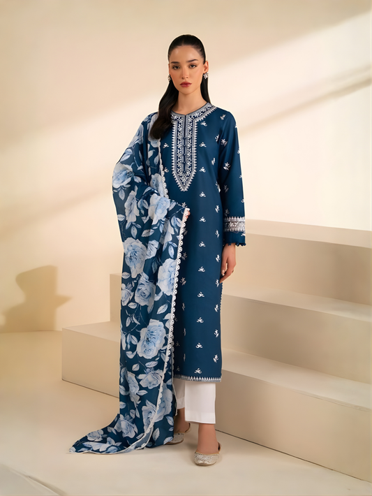 CROSS STITCH - 3PC DHANAK UNSTITCH EMBROIDERED SUIT HR-108 BLUE