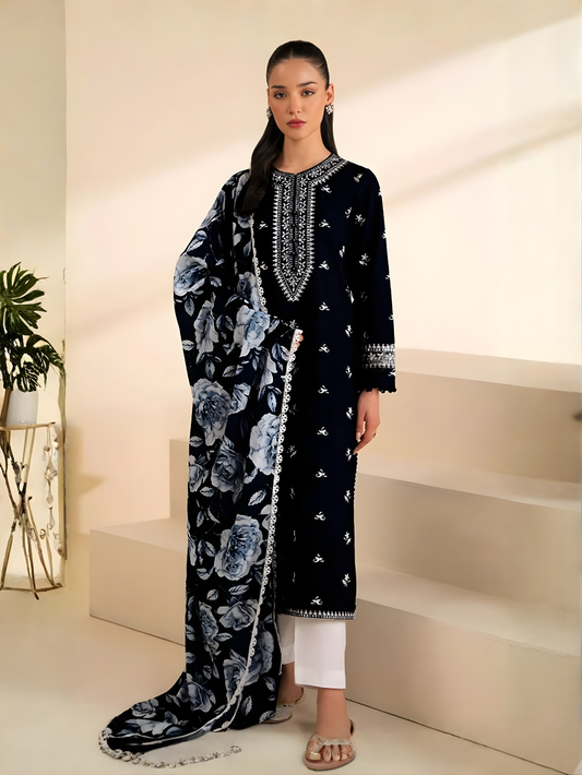 CROSS STITCH - 3PC DHANAK UNSTITCH EMBROIDERED SUIT HR-108 BLACK