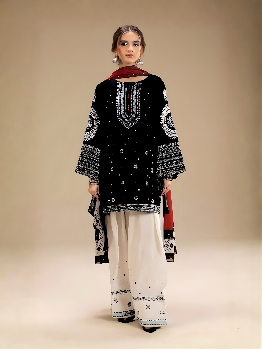 JAZMIN - 3PC DHANAK UNSTITCH EMBROIDERED SUIT HR-203 BLACK