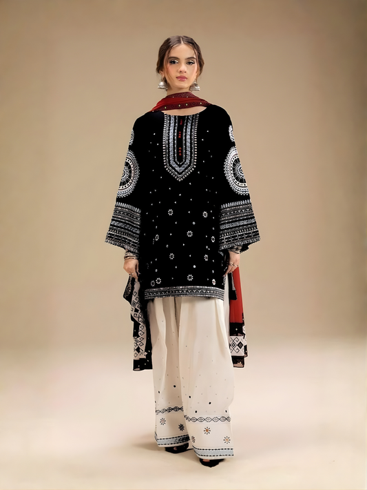 JAZMIN - 3PC DHANAK UNSTITCH EMBROIDERED SUIT HR-203 BLACK