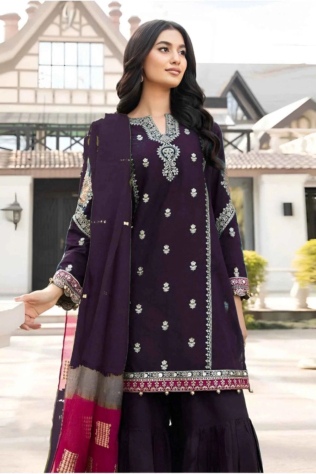 MARIA B - 3PC DHANAK UNSTITCH EMBROIDERED SUIT HR-107 PURPLE