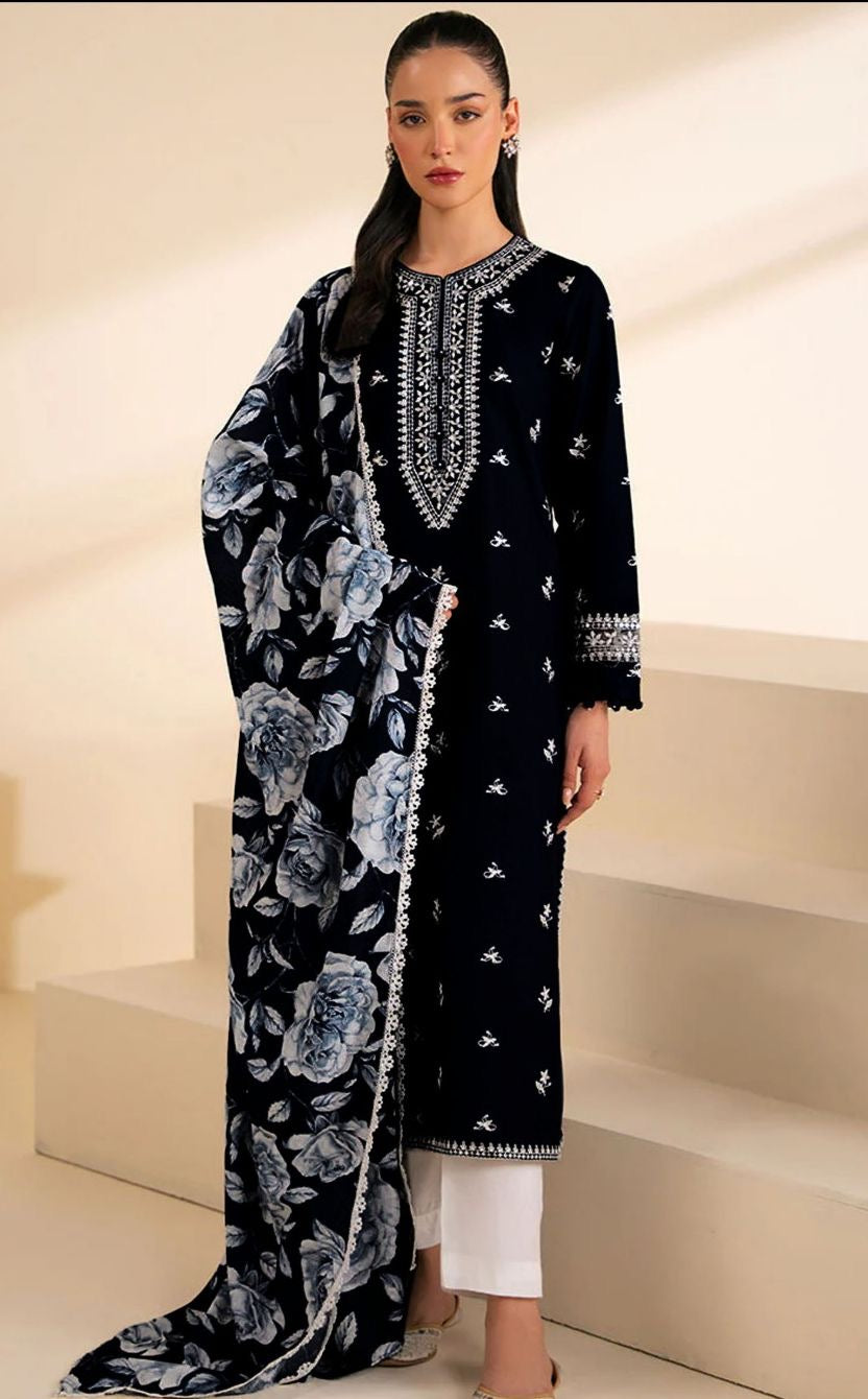 CROSS STITCH - 3PC DHANAK UNSTITCH EMBROIDERED SUIT HR-108 BLACK