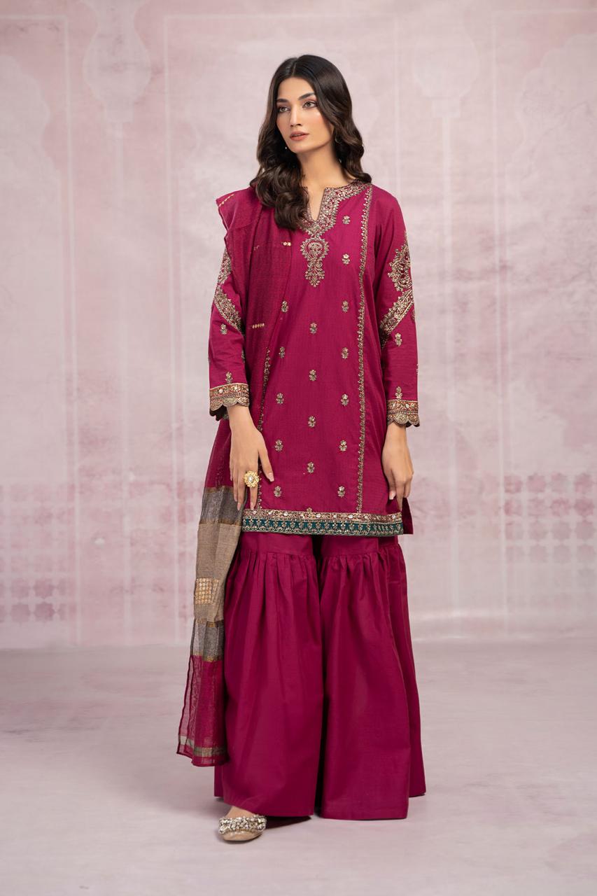 MARIA B - 3PC DHANAK UNSTITCH EMBROIDERED SUIT HR-107 PINK