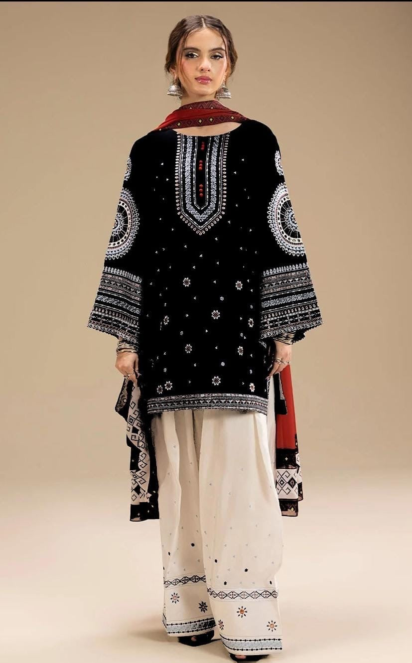 JAZMIN - 3PC DHANAK UNSTITCH EMBROIDERED SUIT HR-203 BLACK