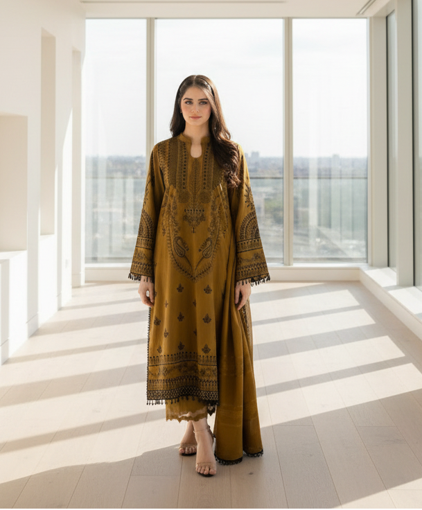 LIBAAS - 3PC DHANAK UNSTITCH EMBROIDERED SUIT HR-226