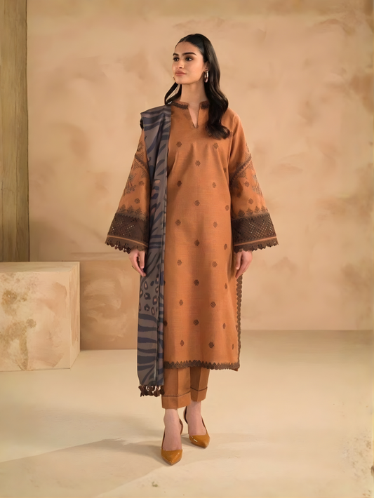 BARQOUE - 3PC DHANAK UNSTITCH EMBROIDERED SUIT HR-129