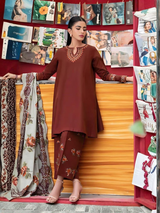 SAPPHIRE - 3PC DHANAK UNSTITCH EMBROIDERED SUIT HR-132 MEHROON