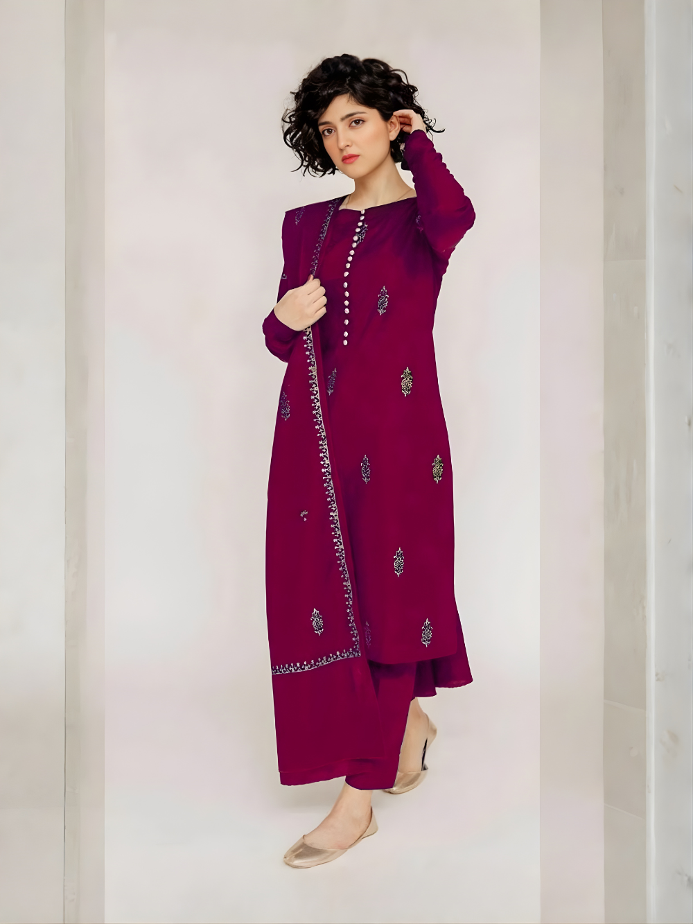 JAZMIN - 3PC DHANAK UNSTITCH EMBROIDERED SUIT HR-212 MEHROON