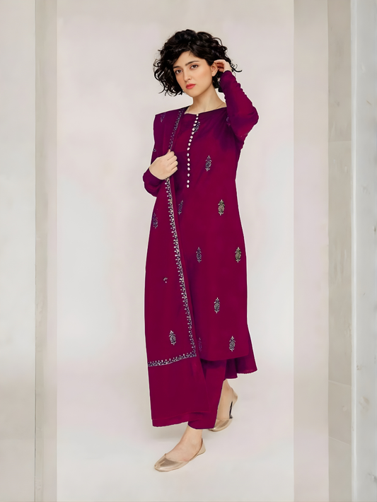 JAZMIN - 3PC DHANAK UNSTITCH EMBROIDERED SUIT HR-212 MEHROON