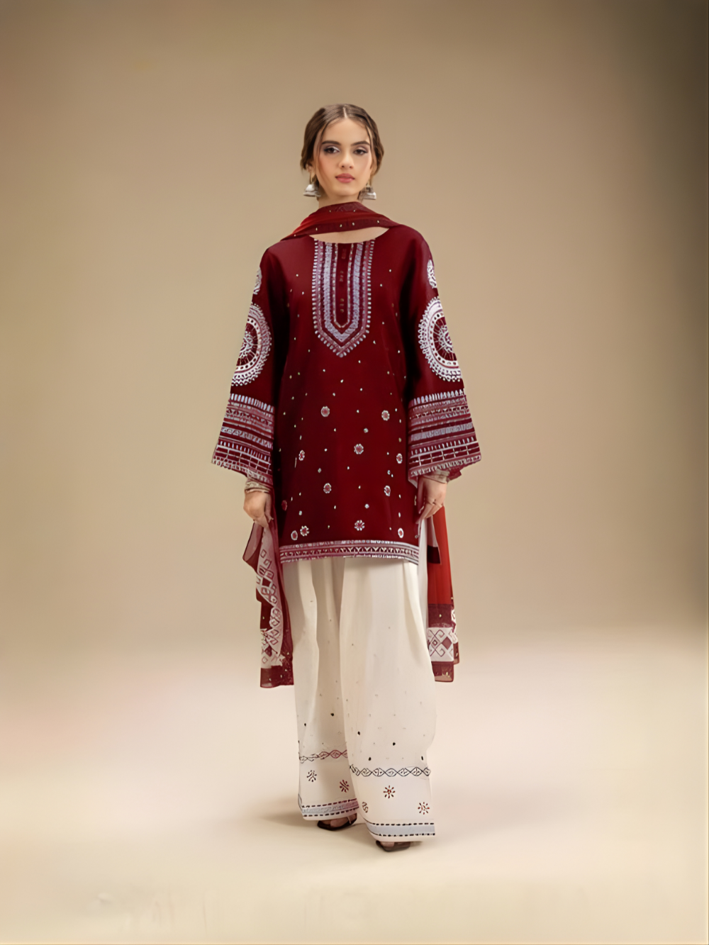 JAZMIN - 3PC DHANAK UNSTITCH EMBROIDERED SUIT HR-203 MEHROON