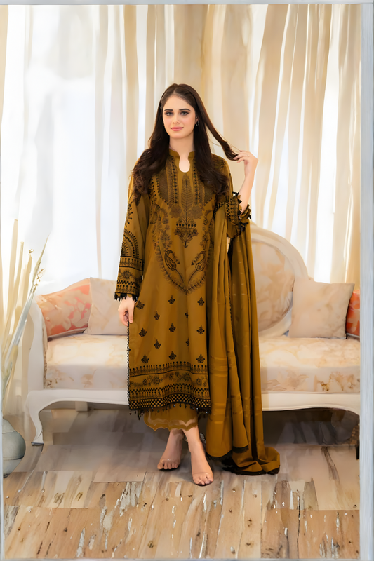 LIBAAS - 3PC DHANAK UNSTITCH EMBROIDERED SUIT HR-226