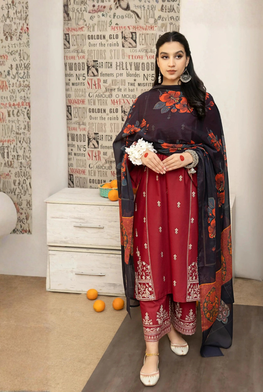 URGE - 3PC DHANAK UNSTITCH EMBROIDERED SUIT HR-137 RED