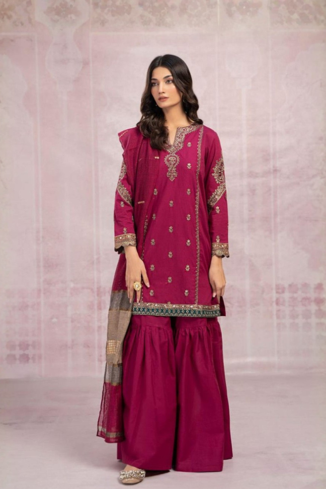 MARIA B - 3PC DHANAK UNSTITCH EMBROIDERED SUIT HR-107 PINK